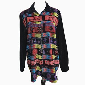 Vintage Chico's Design Medium Black and Tribal Eclectic Print Chenille Zip Up